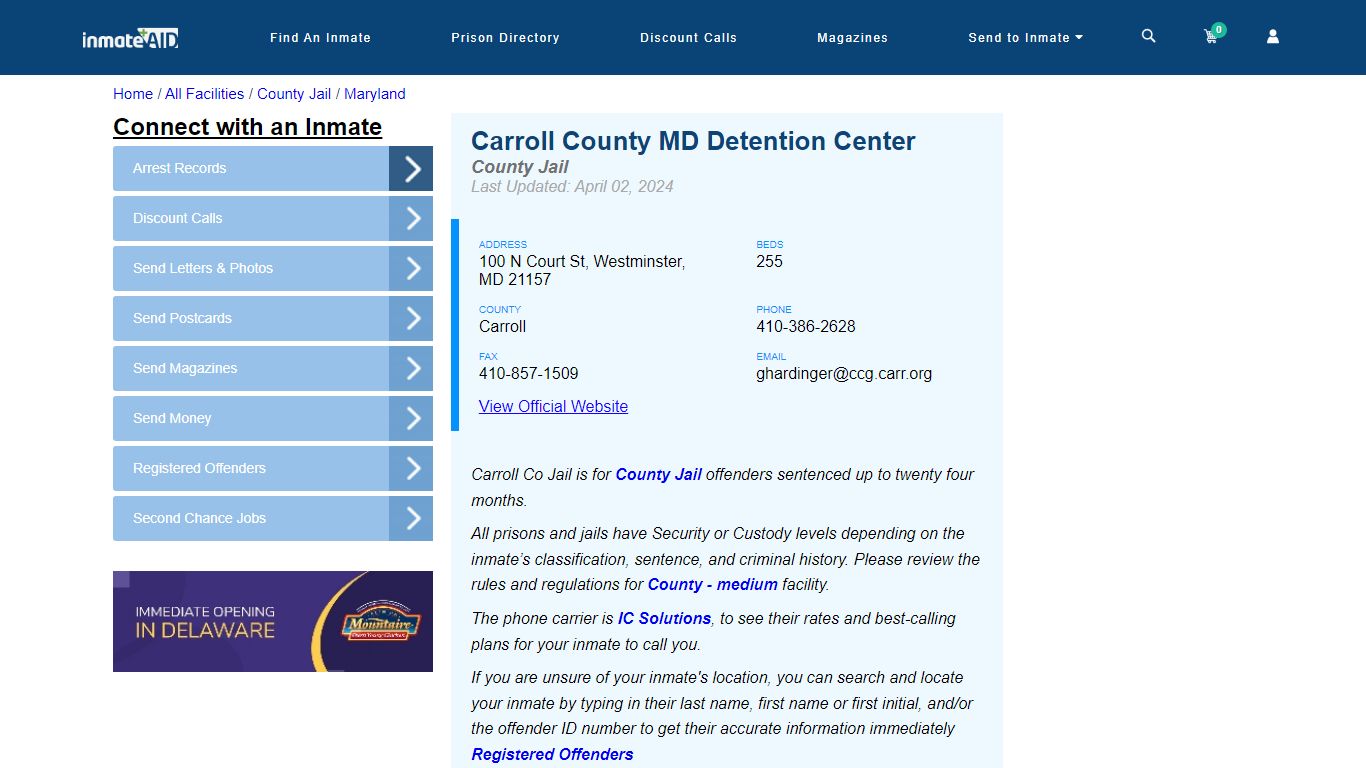 Carroll County MD Detention Center - Inmate Locator